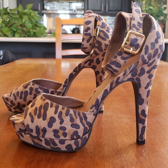 JUSTFAB Faux Suede Animal Print Heels Ankle Strap Black Brown - Picture 8 of 12